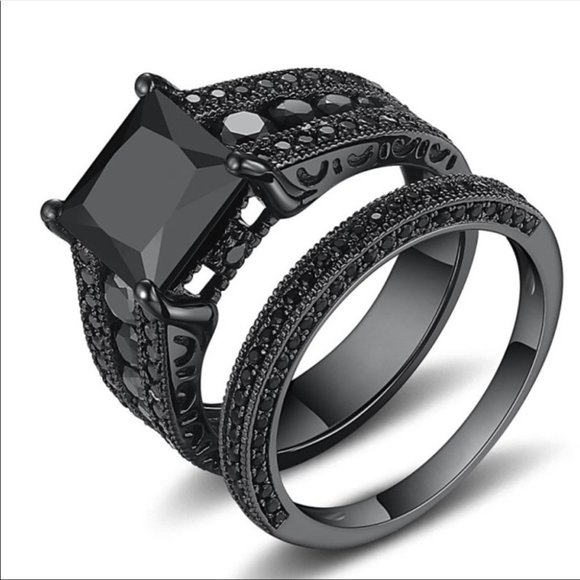 Princess cut black sapphire Sterling ring set - Picture 5 of 7